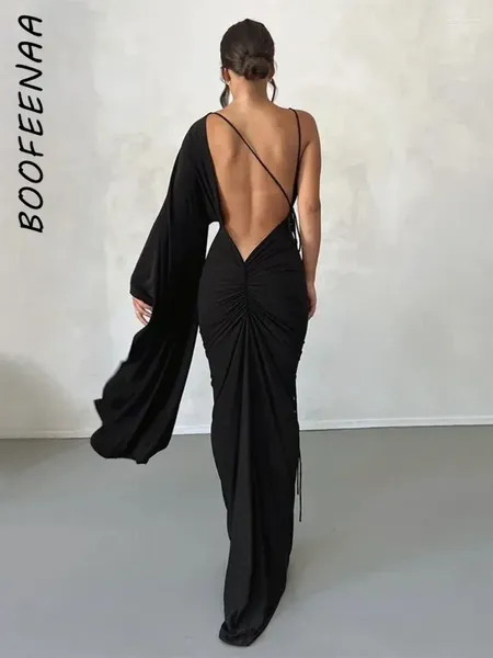 Lässige Kleider Boofeenaa Elegantes Abendkleid Schwarz weiß Deep V Hals Single Flare Slee Rückenless Maxi für Frauen Party C83-CF40