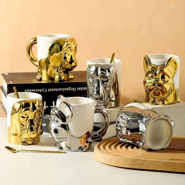 Кружки 450 мл золота с собакой кофейня с ложкой тонкая керамическая кружка для кружки дома украшение животных водяные напитки завтрак