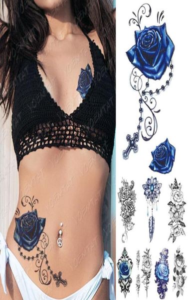 Wasserdichte temporäre Tattoo Aufkleber Blau Rose Pfingstrosen Blumen Blitz Tattoos Kreuzung Rosenkranzkunst Arm gefälschte Ärmeln Tatoo Frauen Men4610453