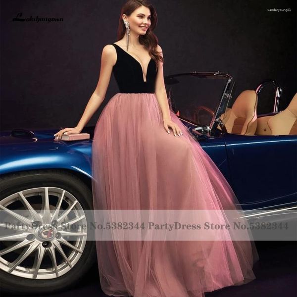 Partykleider Lakshmigown sexy Frauen Kleid für Hochzeits Gast 2024 Robe Dusty Pink V-Ausschnitt Elegante lange Abendbodenlänge