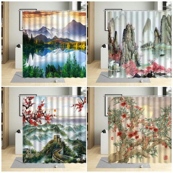 Cortinas de chuveiro Corte da paisagem chinesa plantas naturais plantas flores decoração de banheiro pintura colorida pintura country ganchos