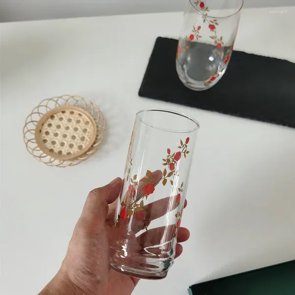 Şarap Gözlükleri 350-400ml Yüksek Sıcaklığa Dayanıklı Suyuk Kupası Aile Restoranı Gül Desen Süt Kokteyl Soda Kola