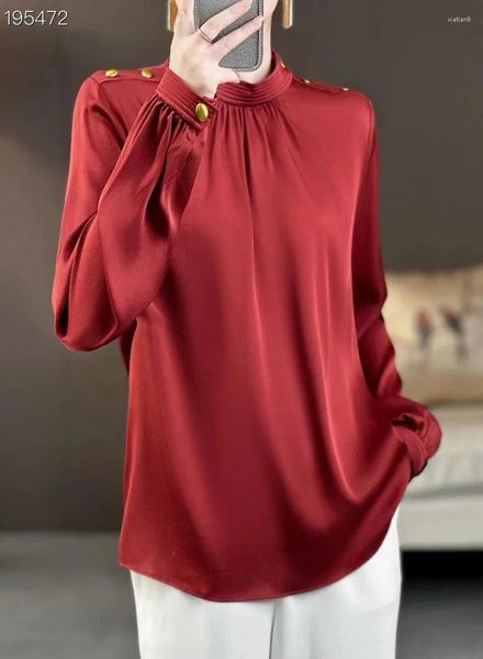 Frauenblusen von höchster Qualität Designer Fashion Bluse Shirt 2024 Frühlings Sommer Seidentops Frauen Stand Halsknopf Deco Langarm rotes Hemd