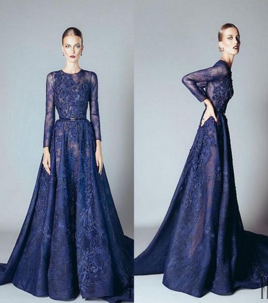 Royal Blue 2016 Ellie Saab Abiti da sera Aline Ruffles Appliques in perline Abiti in pizzo abiti da ballo per festa di ballo Dubai Arabico9960844