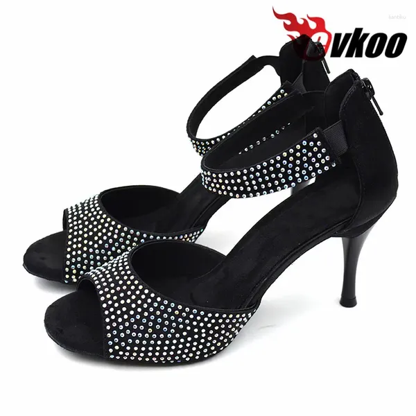 Dance Scarpe latina personalizzata Zapatos Salsa da 8,5 cm tacco alto di strass latino nero per donna EVKOO-375