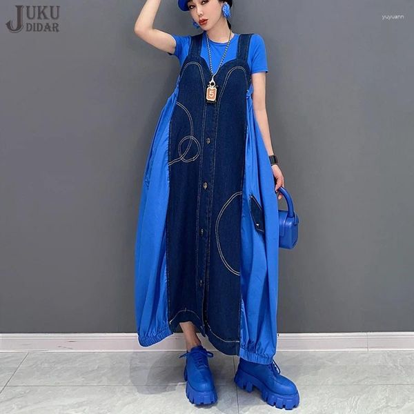 Lässige Kleider Denim Patchwork koreanischer Stil Frau Sommer ärmellose Blau -Gurt -Tank Kleid Lose Fit Großgröße Sun Sunddress JJXD710