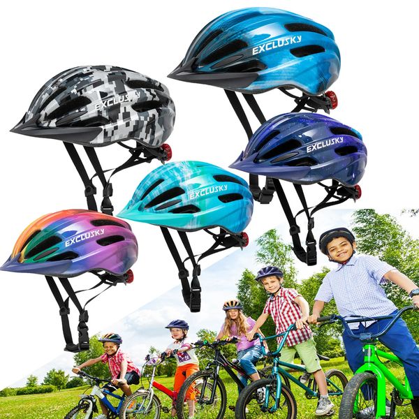 Exklusky Kid Bike Helm mit LED Light Sun Visor 513 Jahre alte Jungen Mädchen Ultraleicht Road Mountain Safety Cycling 240401