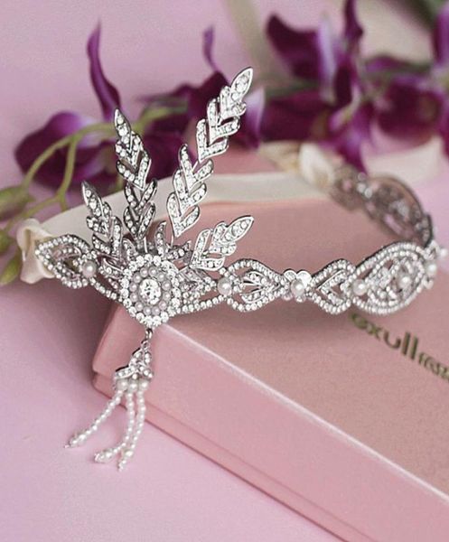 Acessórios para cabelos vintage da década de 1920 coroa de cristal de pérola novo Great Gatsby Headpied Jewelry Wedding Bridal Leaf Head Band com Ribbon8162542