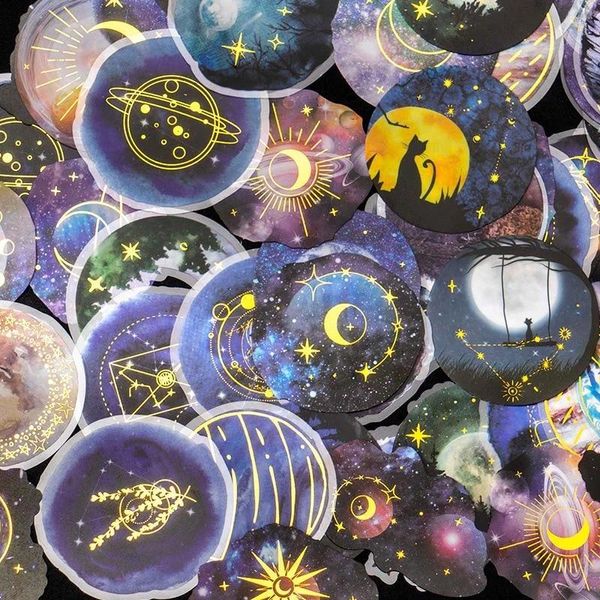 Geschenkverpackung 30pcs Gold Folienaufkleber Set Decorative Planet Moon Space Galaxy Astronomie Planer Aufkleber für Scrapbooking DIY Kunsthandwerk