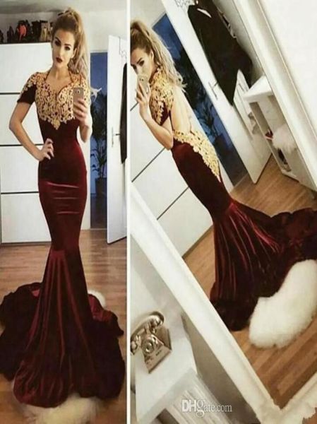 Nuovi abiti da ballo di velluto bordeaux Fancy Fiesta Gold Lace Appliqued Sexy Open Back Short Shory Sermaid Formale Abiti da sera Formale5942186