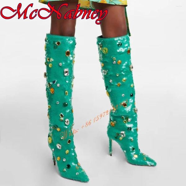 Botas estiletto super alto salto lantejouno pontado de ponta de shinestone plus size joelho de diamante joelho feminino