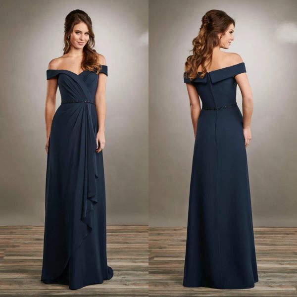 2024 Mãe elegante dos vestidos da noiva azul escuro fora do ombro de renda de chiffon vestidos de noite comprimento de piso plus size casamento vestido de convidado