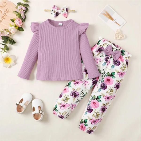 Roupas de roupas 1-5 anos crianças meninas roupas de manga longa Conjunto de cores de cor sólida Camisa floral calça flora