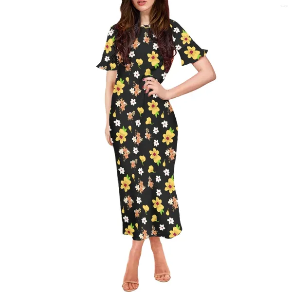 Partykleider Blumendesign Hawaiianischer polysianischer Stil Frauen schlankes Sommerkleid mit Crewhals und kurze Ärmel Damen Luxus