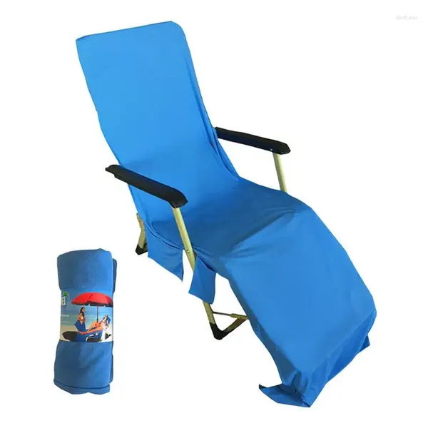 Campa de cadeira de praia de travesseiro com bolsos laterais Microfiber Chaise Lounge Toalha para férias Bobando o sol do jardim El Patio