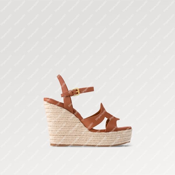 Explosion Neue Frauen 1ACI7R Wedge Sandale Plattform Cognac Braunes Kalb Leder Gummi -Außensohle Keilabsatz Gold Schnalle Knöchel Sandalen Klassische geflochtene Seil Obermaterial