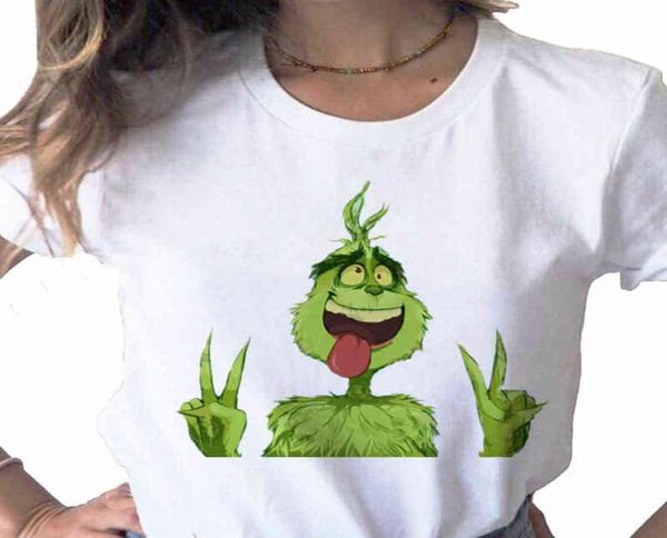 Рождественская футболка с коротким рукавом смешная футболка Grinch Женщины милые буквы Grinch Tshirt Женщина Harajuku Printed White Tops3773343