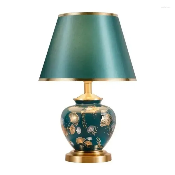 Lâmpadas de mesa Lâmpada cerâmica Decoração de quarto de cama de cabeceira verde folhas pintadas de controle remoto luminária de esmalte vintage