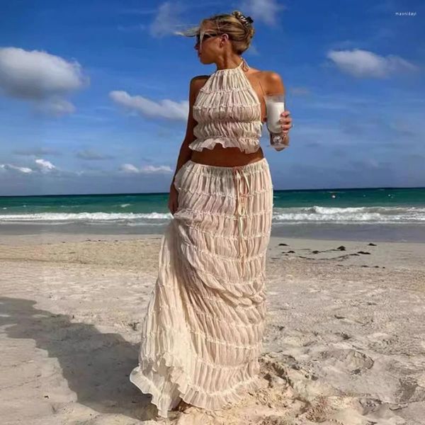 Arbeitskleider Elfenbein langer Rock Set Frauen Modefalten Halfter Top und Maxi Outfits Sommer sexy Rückenless Strandurlaub 2 Stück 2024