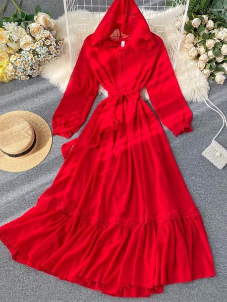 Vestidos casuais vestidos longos com capuz vermelho mulheres elegantes babados chiffon praia primavera outono slim a-line manto sólido vestidos