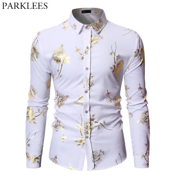 Erkek Altın Gül Çiçek Baskı Gömlek Marka Çiçek Steampunk Kimya Beyaz Uzun Kollu Düğün Partisi Bronzing Camisa Masculina 240403