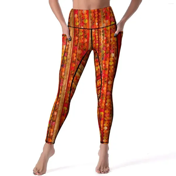 Calça ativa miçangas e listras ioga vermelha impressão fitness leggings de cintura alta esporte de cintura sport vintage legging de legging gráfica