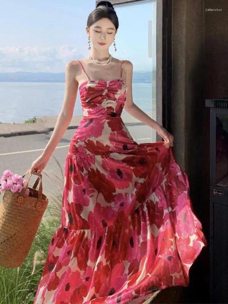 Lässige Kleider Vintage koreanischer Stil Urlaub Rückenfreie Faltenkleid Frauen Rose rot gedruckte ärmellose Spaghetti -Gurt Fairy Vestidos