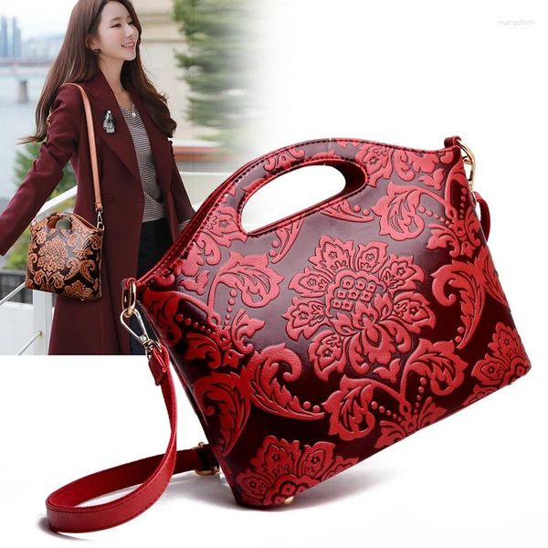 Bag Chinese Style Blume geprägtes Muster Frauen PU Leder Schulter Messenger Ladies Luxus Elegant Retro Shell Handtaschen Sack