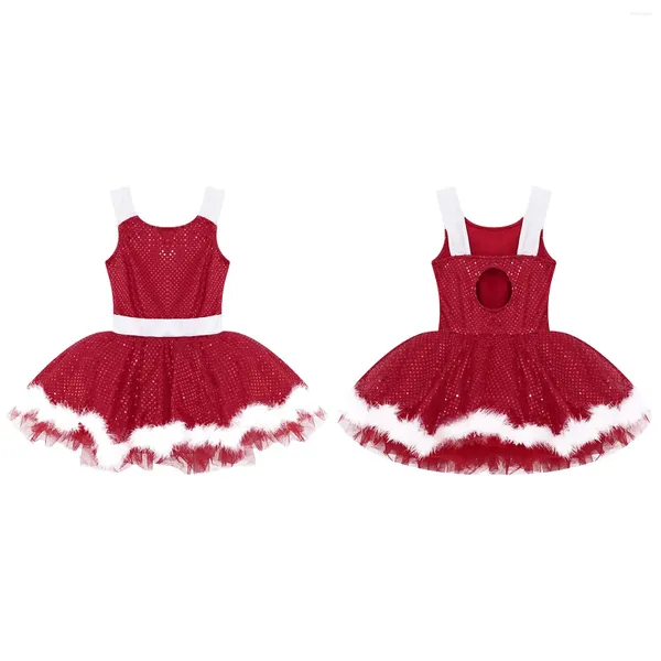 Frauen Badebekleidung Kinder kleine Mädchen Kurzmini Ballet Dance Kleid Lateinische Kostüm Cami Pailletten Faux Pelz geschmückt