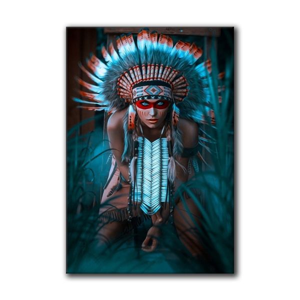 Donna indiana Warrior Wall Art Feathed Chief Portrait Native Indian American Canvas Stampe sexy Girl Poster Vintage Painting Picco