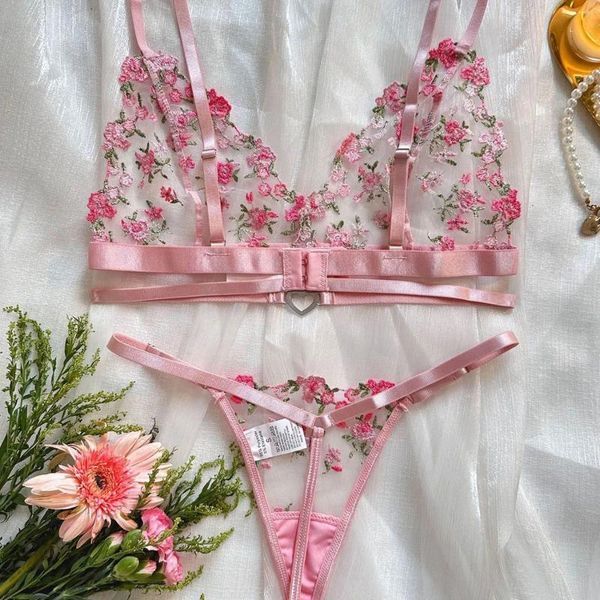 Bras senta feminino sexy lingerie conjunto moda rosa bordado butão de amor tanga exótica tenta roupas íntimas femininas