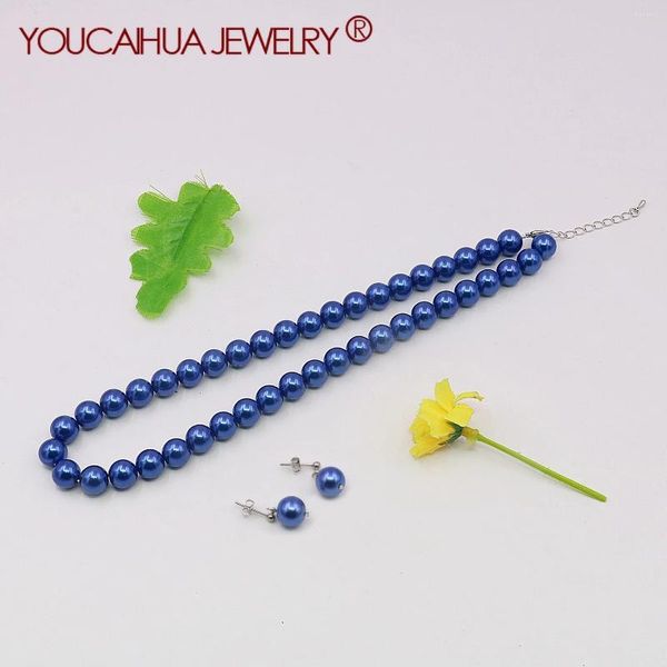 Orecchini di collana set 10 mm blu conchiglie perle rotonde perle/set di borchie per le ragazze del design regali di San Valentino