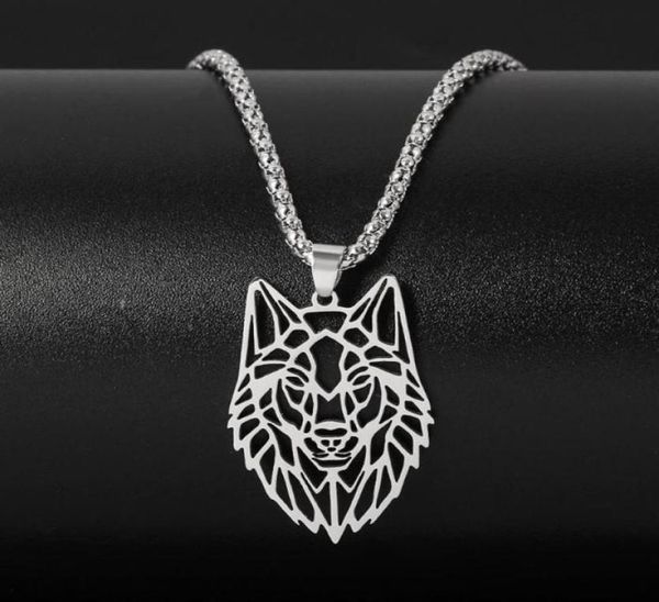 Collana a ciondolo a testa di lupo cavo per uomini color argento in acciaio inossidabile foresta punk animali da lupo collane a catena lunga gioielli294y8433645