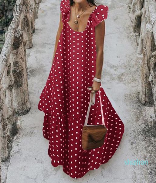 Zanzea 2020 Sommer Leopard Sundress Women Bohemian Polka gedruckt Maxi Kleid lässige weibliche ärmellose Robe lange Rüschen Ve8409828