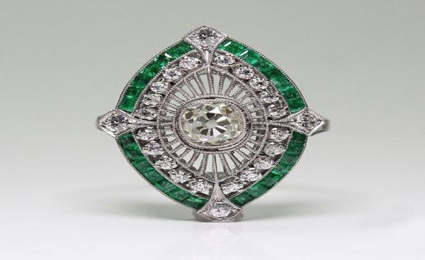 Antique Art Deco 925 Sterling Silver Emerald White Sapphire Floral Engagement Party Ring Dimensione Anniversario Giornata US 5 127630434