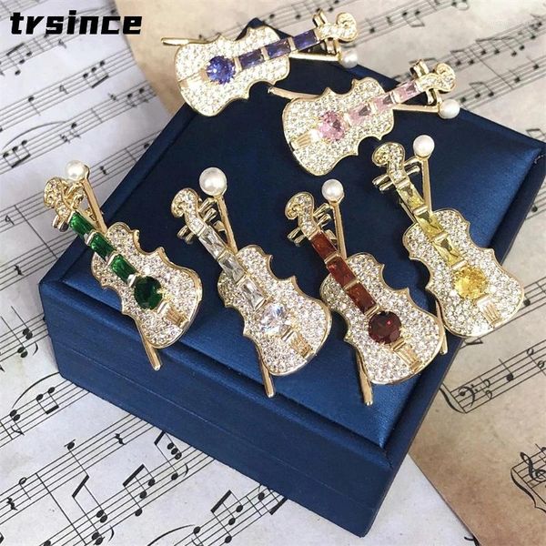 Broschen exquisite Geigenbrosche Zirkon Kristallmusik Play Lapel Jewelry Pin Konzert Geschenk weibliche Luxus Mode Elegante Corsage