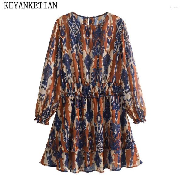 Lässige Kleider Keyanketian 2024 Start Ethnischer Style-Dye-Print Midi Kleid Frauen elastische Taille Langarm Vintage O-Neck Chiffon