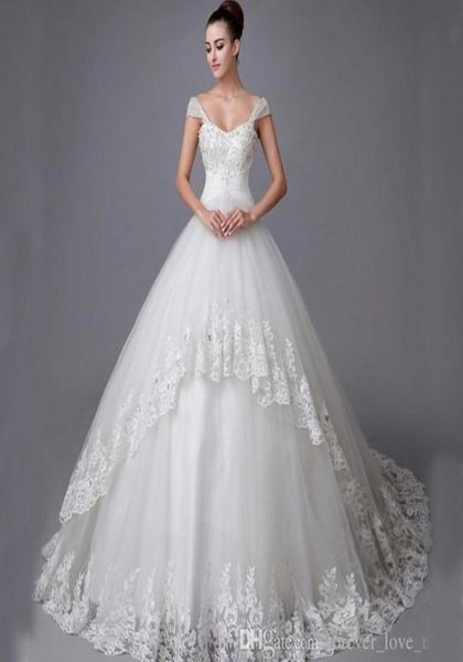 Vestidos de bola Vestidos de noiva Apliques de cristal contas de renda com o decote em coração com tiras vestidos de noiva de tule4416821
