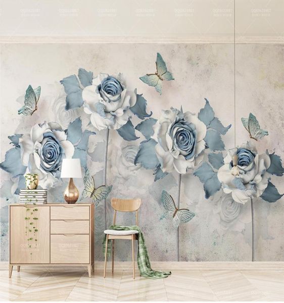 Custom jede Größe Tapete 3D Elegante Blumen Schmetterling hellblau Wohnzimmer Schlafzimmer Hintergrund Wanddekoration Wallpaper5987972