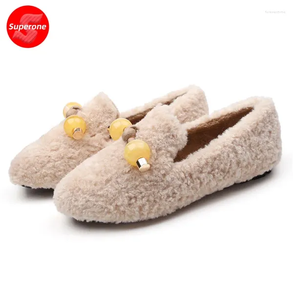 Sapatos casuais femininos mais Cashmere Bean Winter Lamb Hair Size de Tamanho Flato de largura Irmã gorda 35-43 Sapato de condução Gommino