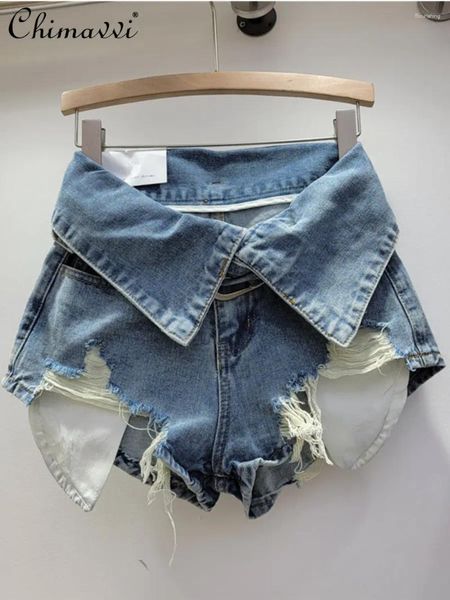 Jeans feminino garota retrô rasgada para mulheres 2024 verão de altas cintura shorts streetwear calças de pernas largas moda curta