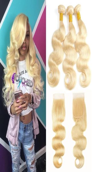 Cabelo corporal brasileiro Teca de cabelo humano 3 pacotes 613 Bundles loiros de cabelos humanos com 4x4 Parte Lace Fechamento Honey Platinum virgin1806097