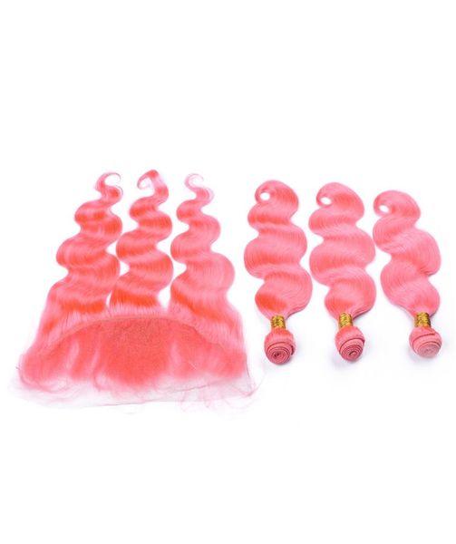 Перуанские розовые человеческие волосы 4 пучки имеют дело с фронтальной волной тела Pure Pink Lace Frontal Crowur 13x4 с девственным плетением волос extensi7949810