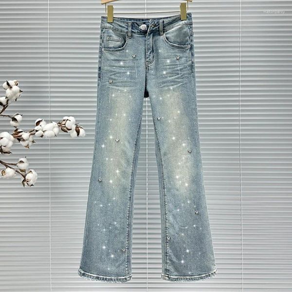 Jeans femminile femminile donne insini di bootcut di strass 2024 abiti primaverili ed estivi in vita alta pantaloni svasati