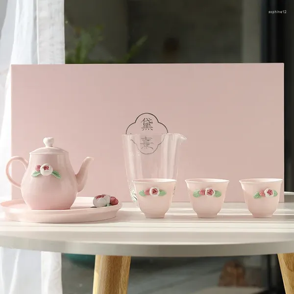 Tee-Sets rosa Teekanne Teetasse handkneaded Blumenkeramik Tee Tasse Haushalt weiße Porzellan Rose kleiner Topflager