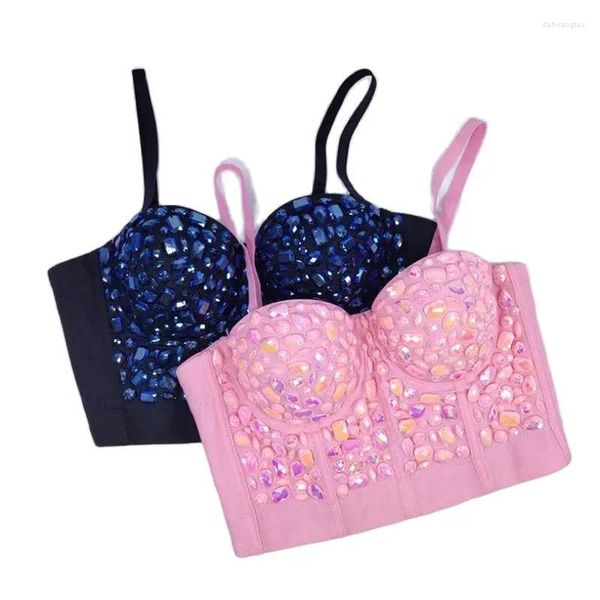 Kadın Tankları Pembe Rhinestone Boncuk Kırpma Üstleri Seksi gece kulübü Ye Wear Out Kadınlar Push Up Budier Braliette Bra Plus Boyut Tank Camisole