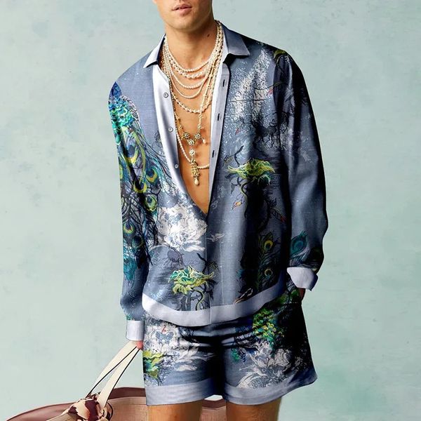 Peacock Muster Shirt Set 3D -Print Männer lässige Mode Langarm Shirts Übergroße Strandshorts Sommer Streetwear Anzüge Kleidung 240408