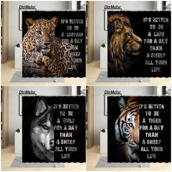 Cortinas de chuveiro Animal selvagem Creative Leopard Lion Wolf Tiger Citações Inspiradoras Aforismo Conjunto de decoração do banheiro de banheiro de banho preto