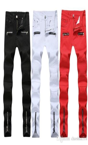 Neue High Street Motorcycle Reißverschluss Falten Freizeit Jeans Highelastic Men039s Slim Hosen1059481