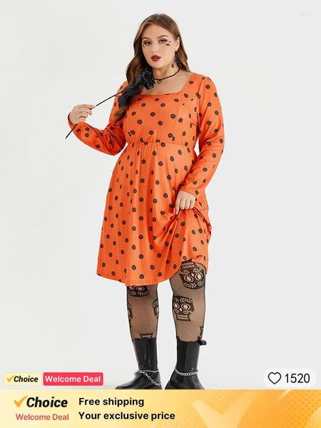 Vestidos casuais Halloween vestido estampado de pescoço quadrado com bolso feminino noite noite fêmea de manga comprida